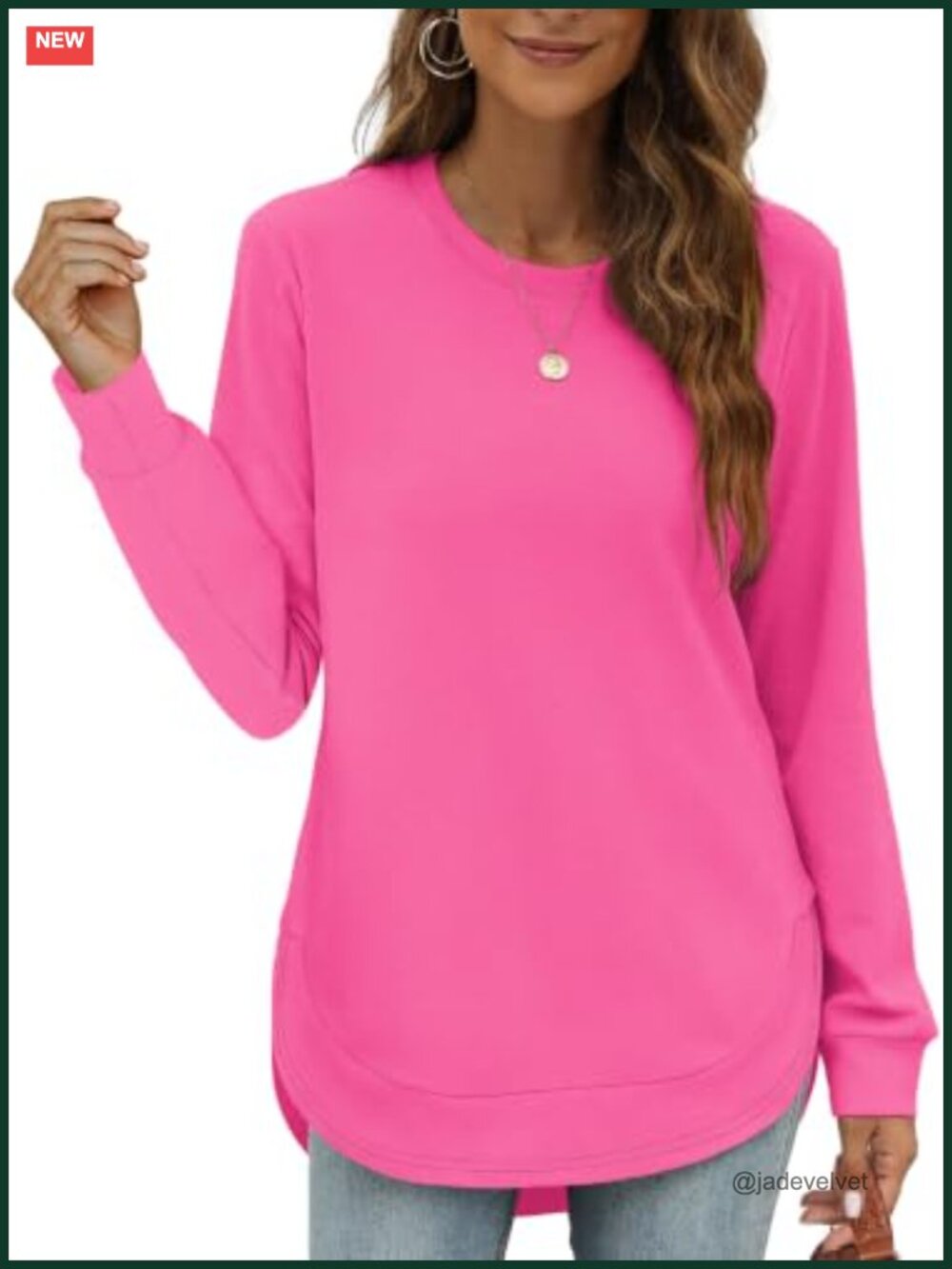 Womens Long Sleeve Sweatshirt Crewneck High Low Tunic Curved Hem Split Side